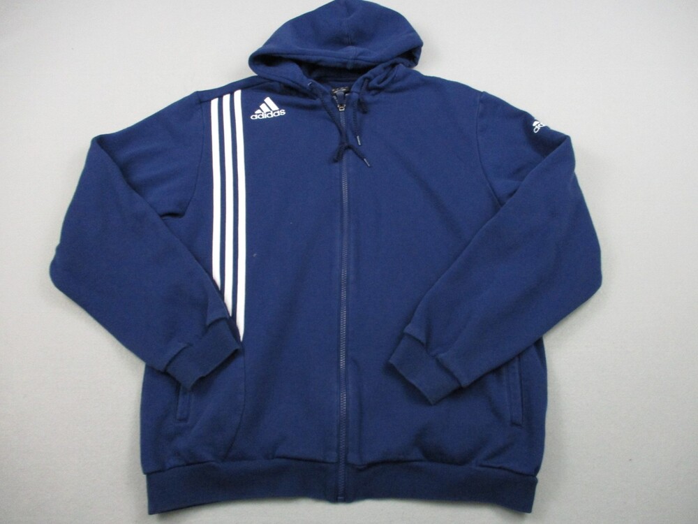 Adidas Hoodie Men Large Blue White Full Zip Fleece Sweatshirt Training L *